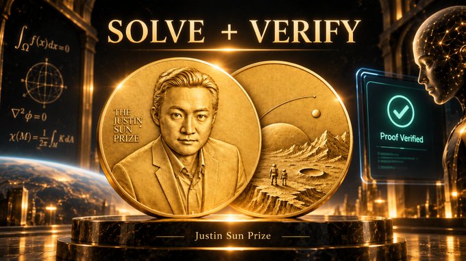 A promotional graphic for the 'Justin Sun Prize' featuring 'SOLVE + VERIFY' text, two gold commemorative coins (one showing a portrait labeled 'THE JUSTIN SUN PRIZE'), and a holographic figure beside a 'Proof Verified' checkmark screen.