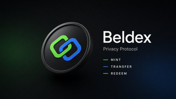 A promotional graphic for Beldex Privacy Protocol, featuring a black circular coin with a green and blue interlocking logo, listing functions MINT, TRANSFER, and REDEEM.