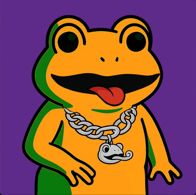 A cartoon illustration of an orange frog wearing a green baseball cap backward and a silver chain with a frog pendant, set against a purple background.