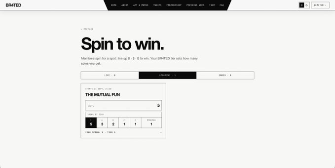 The image shows a BR4TED website page titled "Spin to win," which highlights a tie at 0-0 in a Live Spin Between Spins game, with "The Mutual Fun" having 5 spins available and showing odds displayed as 5, 3, 2, 1, 1, with "The" highlighted—a promotional raffle page tied to whitelist access for themutualfun.