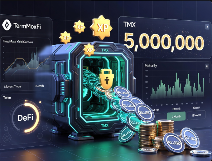 A futuristic TermMoxFi dashboard displays 5,000,000 TMX alongside RLUSD coins spilling from a high-tech vault, visualizing the platform's rapid deposit growth and XP rewards system as referenced in the caption about RLUSD vault momentum.