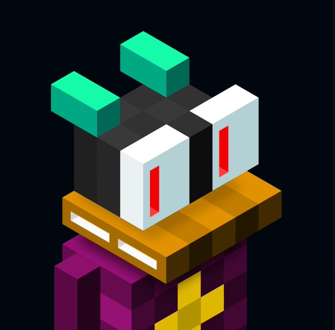 A Minecraft-style voxel character with a black and white face, teal ears, red eyes, and a brown and purple blocky body.
