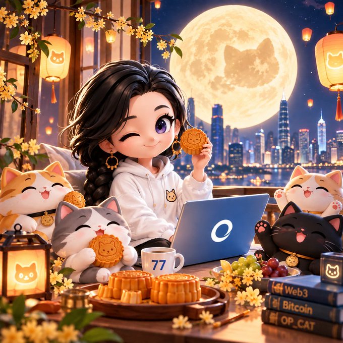 A vibrant illustration shows a winking girl with a long braid sitting at a table with cats, eating mooncakes and using a laptop labeled '77', with a city skyline and cat-faced moon in the background; books labeled 'Web3', 'Bitcoin', and 'OP_CAT' are visible.