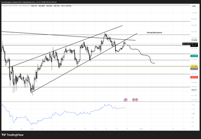 This Bitcoin (BTCUSD) chart shows a rising channel with strong resistance, indicating a potential rejection and move lower from the current price of 65,130, with a target bid price around 61,782.
