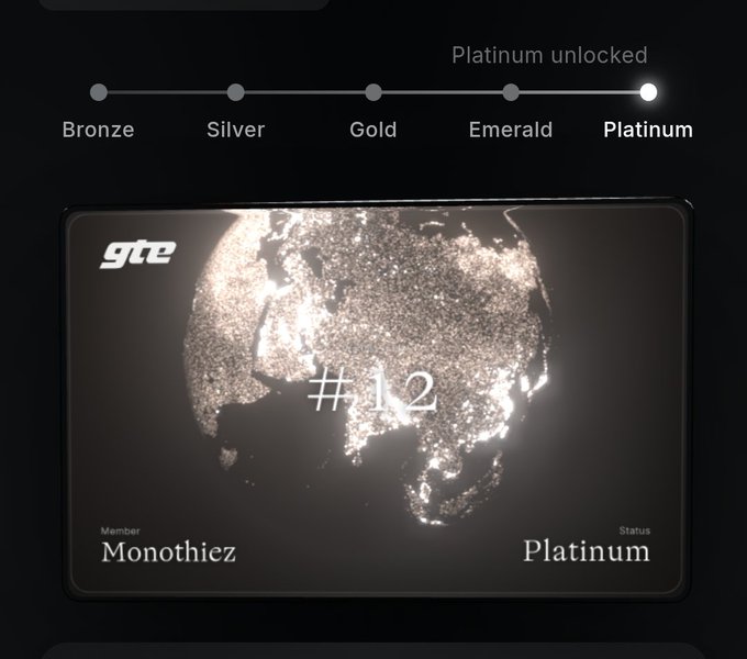 The post celebrates the user "Monothiez" achieving Platinum status on the @GTE_XYZ waitlist, climbing to rank #12 as shown on their illuminated card. The image displays their progression through the tier system (Bronze, Silver, Gold, Emerald) culminating in the newly unlocked Platinum rank.