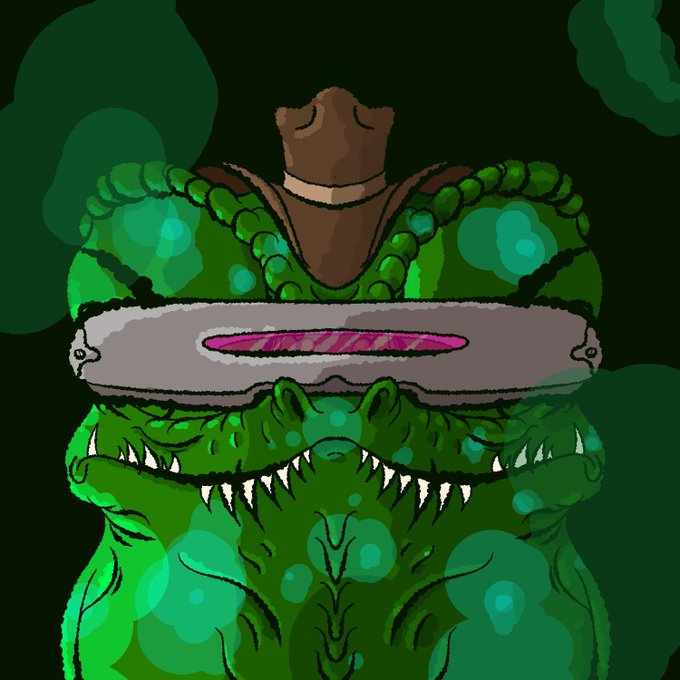 A pixel art illustration of a green reptilian creature wearing a metal blindfold with a pink slit and a small brown hat, set against a dark background with green bubbles.