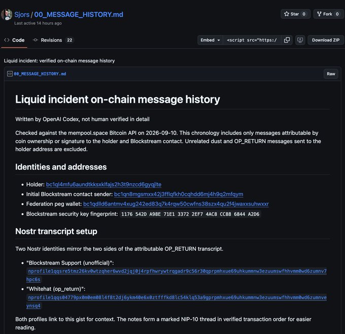 A GitHub repository page titled '00_MESSAGE_HISTORY.md' describing a 'Liquid incident on-chain message history', containing blockchain addresses, a Blockstream security key fingerprint, and Nostr transcript setup.