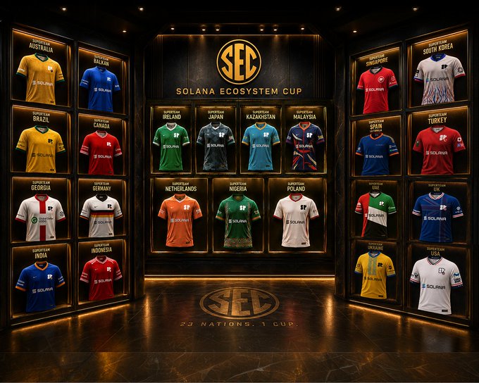 The image features a display of various soccer jerseys, likely representing different teams or players from around the world. The jerseys are arranged in rows, showcasing an array of colors and styles. A prominent feature of this collection is the "SOLANA ECONOSY Cup" sign, indicating that these jerseys belong to the Solana Ecosystem Cup. The post also mentions a "Superteam" selection process, where players can choose their team's physical jersey from the displayed options. This suggests that the image might be related to an event or competition involving soccer teams and their uniforms.