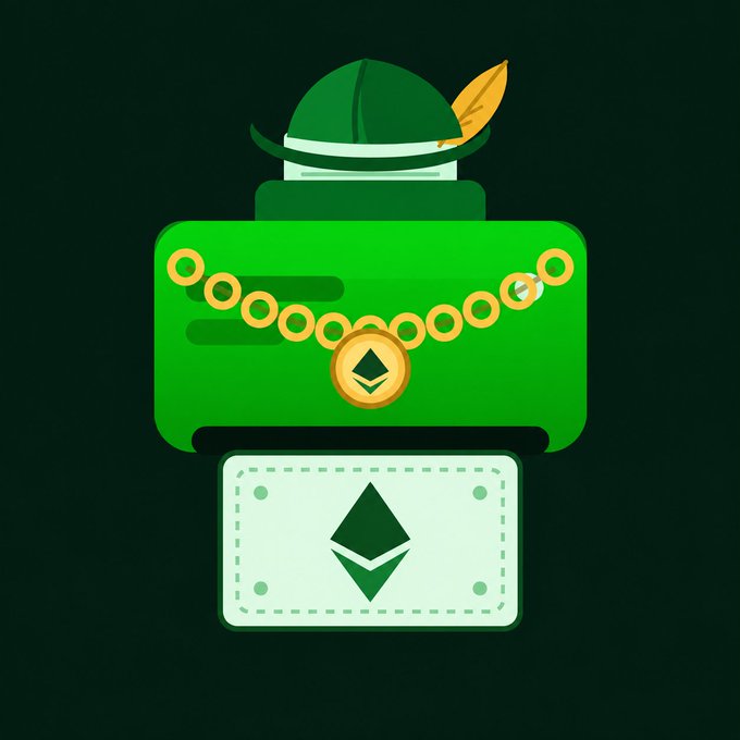 A green Ethereum (ETH) branded perfume bottle with a Robinhood-style hat and an Ethereum token hanging from a gold chain sits against a dark green background. The image ties to the post's announcement of an Ethereum-related launch on Robinhood, encouraging users to share their wallet addresses.