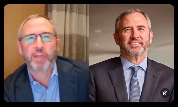 A video call screenshot showing two men in suits side by side: a man with glasses and gray hair on the left in a darker setting, and a man with gray hair on the right against a light background.