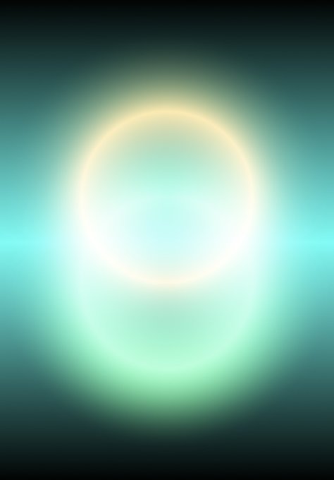 A glowing, ethereal circular light form radiates soft hues of teal, green, and pale yellow against a dark background, creating an otherworldly aura. This abstract luminous orb appears to be the digital artwork "before form" by @ranxdeer, newly collected on objkt.com.