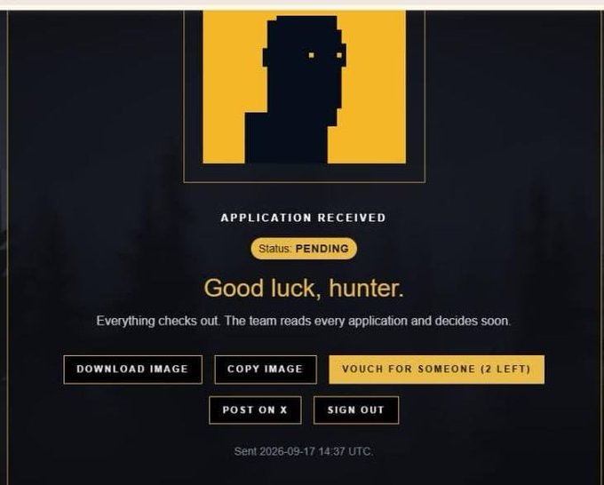 A dark-themed digital interface displaying 'APPLICATION RECEIVED' with 'Status: PENDING' and 'Good luck, hunter.', featuring a yellow background icon of a pixelated figure, dated 2026-09-17 14:37 UTC.