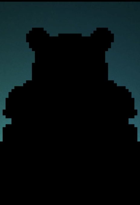 A dark pixel-art silhouette of a bear or creature with rounded ears against a teal background.