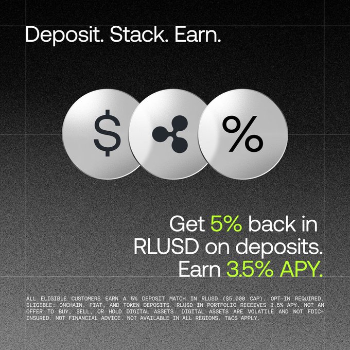 A black promotional graphic featuring three silver coins with dollar, Ripple, and percent symbols, advertising a "Deposit. Stack. Earn." campaign offering 5% back in RLUSD on deposits plus 3.5% APY—matching the post's pitch to opt in on OKX before the August 7 deadline for risk-free yield stacking.