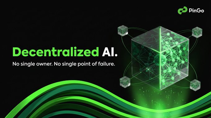 An advertisement for PinGo displays the text 'Decentralized AI. No single owner. No single point of failure.' next to a glowing green cube connected to smaller nodes.