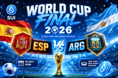 A promotional banner for the 2026 World Cup Final between Spain (ESP) and Argentina (ARG), featuring national flags and the tournament trophy.