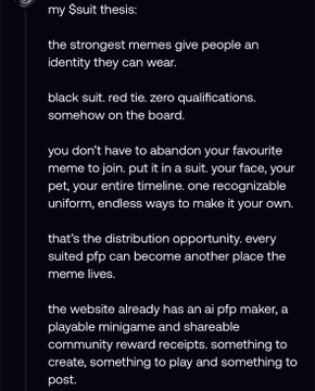 A black-background slide titled 'my $suit thesis' discusses how memes can be paired with formal wear like suits, mentioning pfps and community rewards.