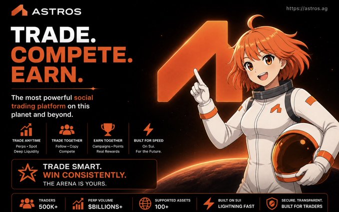A promotional banner for "ASTROS" trading platform features an anime-style astronaut character with orange hair, displaying the tagline "TRADE. COMPETE. EARN." and listing features like Perp/Spot trading, copying traders, and earning rewards.