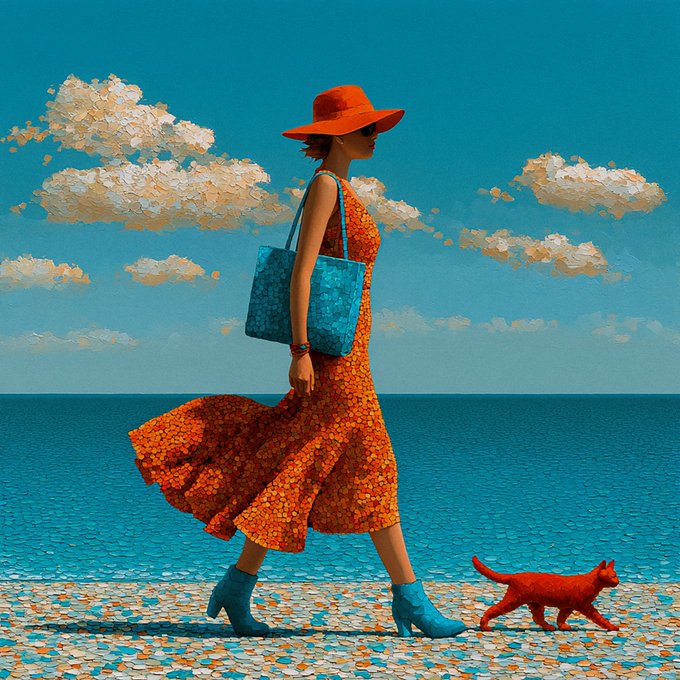 A woman in a flowing orange patterned sundress and wide-brimmed hat strolls along a vibrant blue beach, accompanied by a small red cat on a leash, perfectly capturing the "My Cat, My Rules" sentiment of this #tezostuesday NFT listing priced at 0.0015 ETH for 10 editions. The confident stride of the woman alongside her feline companion visually embodies the personal, rule-setting theme highlighted in the post.