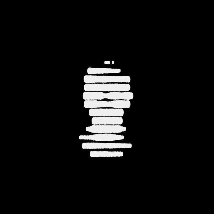 A minimalist graphic features a vertical arrangement of white horizontal bars forming a roughly human-like silhouette against a solid black background.