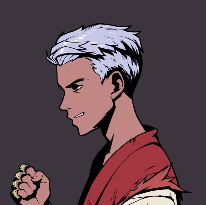 A side-profile illustration of a silver-haired man in a red garment clenching his fist, drawn in a comic book art style against a dark gray background.