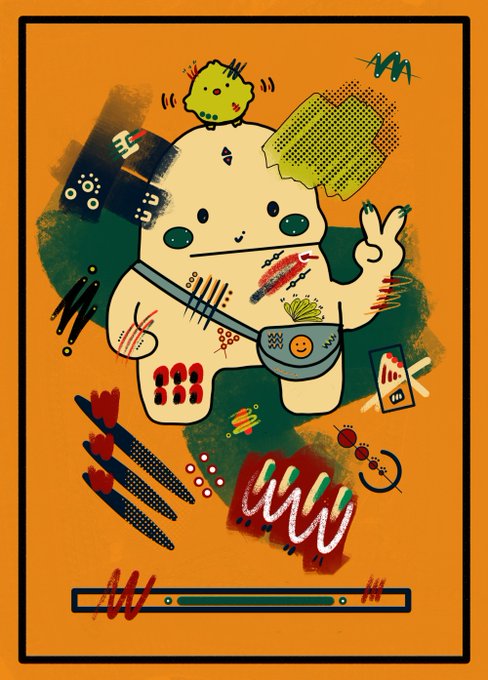 A whimsical illustration on an orange background features a cute cartoon character resembling a dog or bear with a yellow chick on its head, surrounded by colorful abstract doodles and symbols.