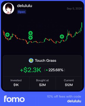 A trading app screenshot showing a stock chart for 'Touch Grass' with a +225.68% gain, invested $1K, bought at $2M, current $12M, dated Sep 5, 2026, with 'fomo' branding and '10% off fees with code delululu'.