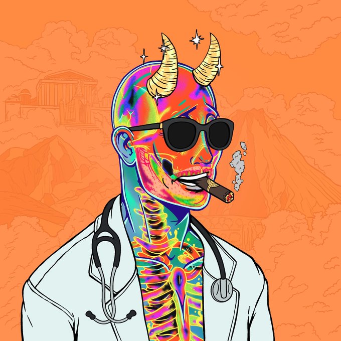 A vibrant, psychedelic digital illustration of a demon-like figure with horns, dark sunglasses, and a lit cigar, dressed as a doctor with a stethoscope against an orange background.