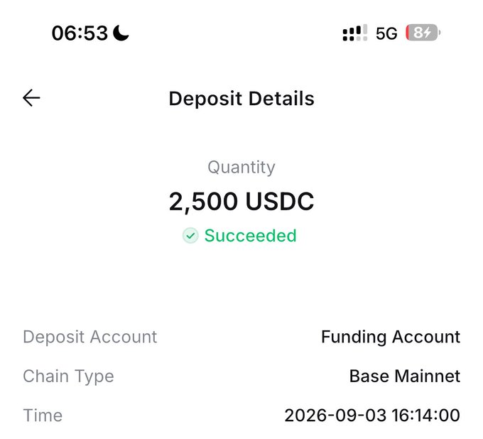 The image shows a mobile screenshot of a "Deposit Details" page confirming a successful transaction of 2,500 USDC on the Base Mainnet, timestamped 2026-09-03 at 16:14:00. This deposit likely represents earnings from one of the web3 jobs the poster mentioned, contributing toward their nearly $3k total income just 8 days into September, which serves as motivation for launching their "7 days job hunting camp" on Telegram.