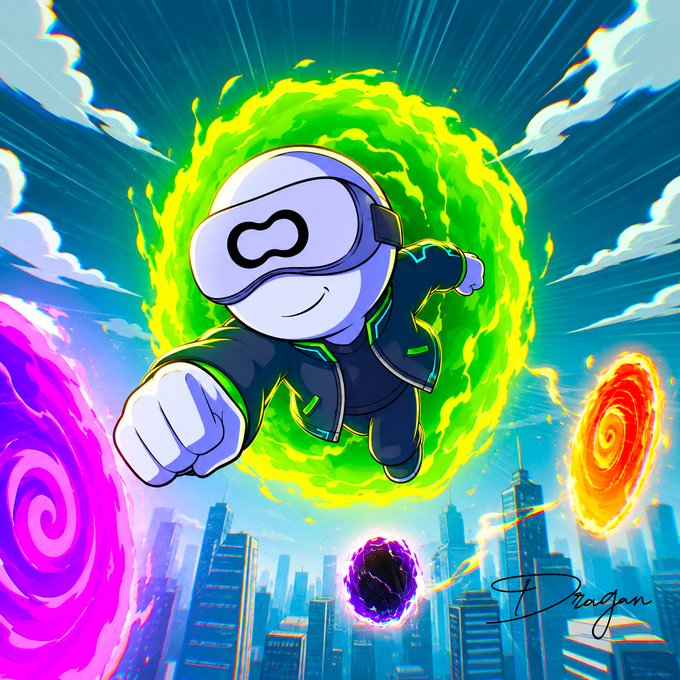A cartoon character wearing a VR headset with an infinity symbol flies through a glowing green portal above a cityscape, with purple and orange portals on either side.