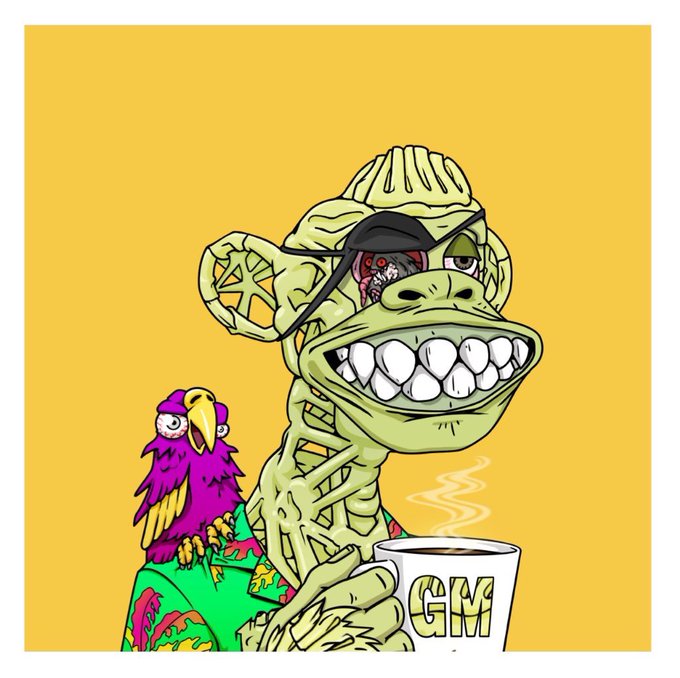 A cartoon illustration of a skeletal monkey wearing an eyepatch and Hawaiian shirt, holding a "GM" coffee mug with a purple bird on its shoulder.