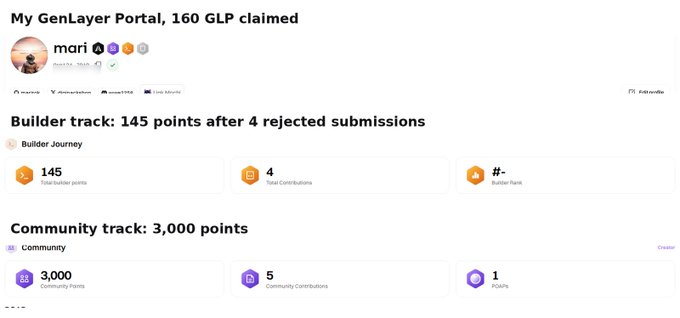 A screenshot of a profile page titled 'My GenLayer Portal, 160 GLP claimed' by user 'mari', showing 'Builder track: 145 points' and 'Community track: 3,000 points'.