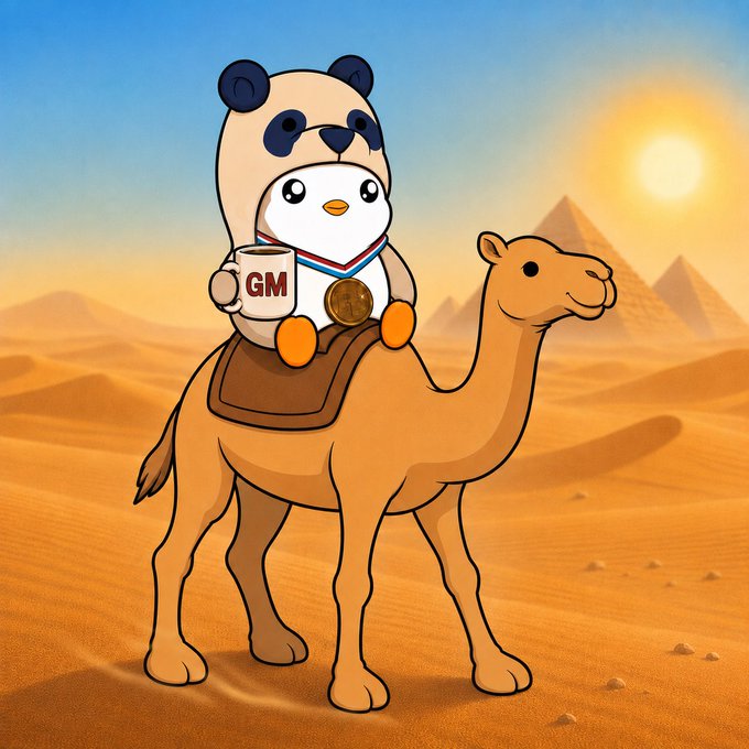 A cartoon illustration of a character in a panda hoodie riding a camel through a desert, holding a mug labeled 'GM'.