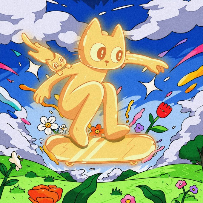 A glowing yellow cartoon cat surfs through a vibrant, starry sky on a golden board, with a tiny kitten clinging to its back, amid floating splashes of color and a meadow of flowers below. The whimsical "cetsboarding" scene captures the playful, adventurous spirit of the $CETS meme coin.