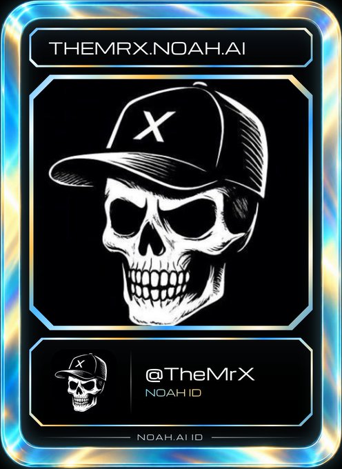 A digital ID card branded 'THEMRX.NOAH.AI' and 'NOAH.AI ID' featuring a stylized skull wearing a black baseball cap with an 'X' logo, and the handle '@TheMrX'.