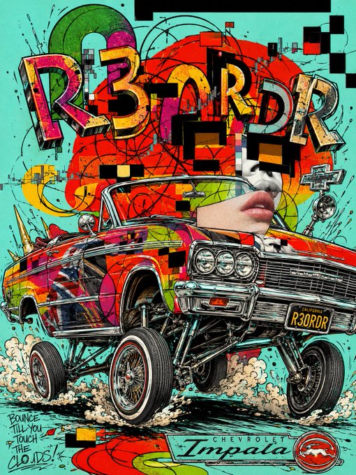 A vibrant, psychedelic pop-art style illustration featuring a colorful classic Chevrolet Impala lowrider with the word 'R3ORD' in large graffiti-style text above it, and the phrase 'BOUNCE TILL YOU TOUCH THE CLOUDS!' written in the bottom left.