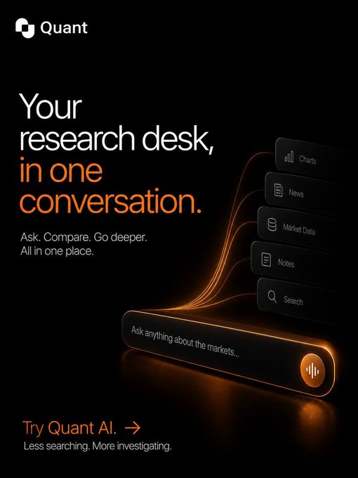 Quant advertisement with the tagline 'Your research desk, in one conversation,' showcasing a search bar labeled 'Ask anything about the markets...' connected to categories like Chats, News, Market Data, Notes, and Search.