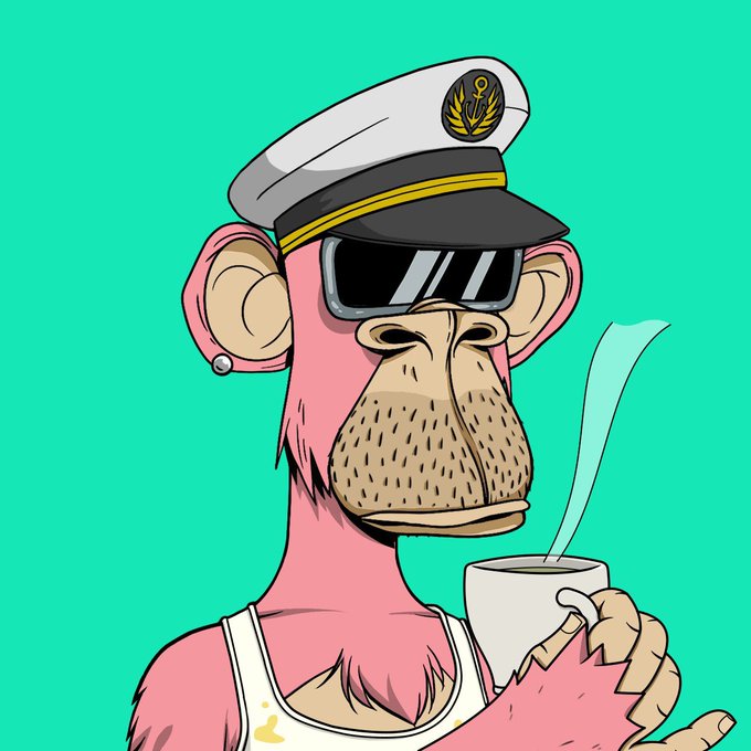 A cartoon pink Bored Ape Yacht Club (BAYC) NFT character wearing a captain's hat and sunglasses holds a coffee cup against a teal background, reinforcing the post's bullish sentiment about BAYC being the best club on the internet.