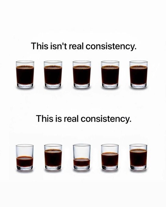 A visual analogy contrasts fake and real consistency using glasses of dark liquid, showing five full glasses labeled 'This isn't real consistency' above five unevenly filled glasses labeled 'This is real consistency'.