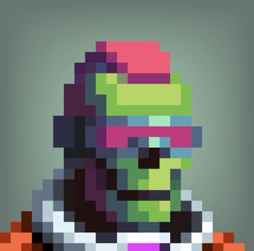 A pixel art character with green skin, pink headband, and colorful striped outfit resembling a cyborg or alien figure.