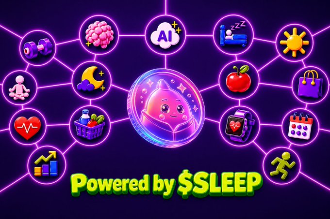 A neon purple graphic titled 'Powered by $SLEEP' features a central coin character surrounded by icons representing health, fitness, sleep, AI, shopping, and other lifestyle elements.