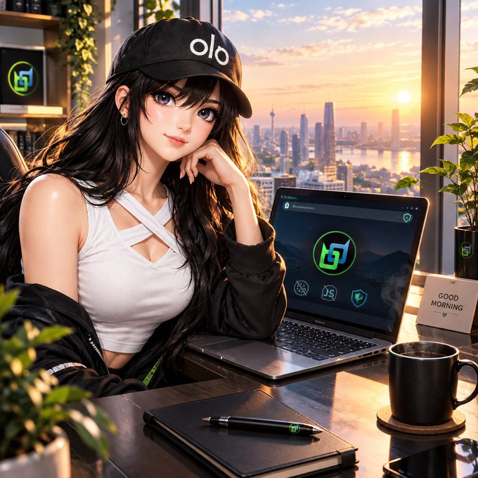 An anime-style illustration of a girl wearing a black 'olo' cap and white top, sitting at a desk with a laptop displaying a 'g' logo, set against a sunset cityscape with a 'GOOD MORNING' sign.