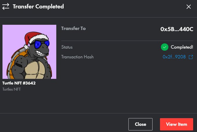 A 'Transfer Completed' confirmation screen shows a successful NFT transaction, displaying 'Turtle NFT #3642' from the 'Turtles NFT' collection transferred to address '0x5B...440C' with a green 'Completed!' status.