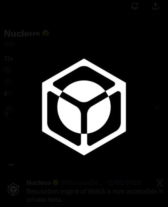A dark-themed app or website screen featuring a white hexagonal logo with a sphere design for 'Nucleus', with a tweet visible at the bottom stating 'Reputation engine of Web3 is now accessible in private beta.'
