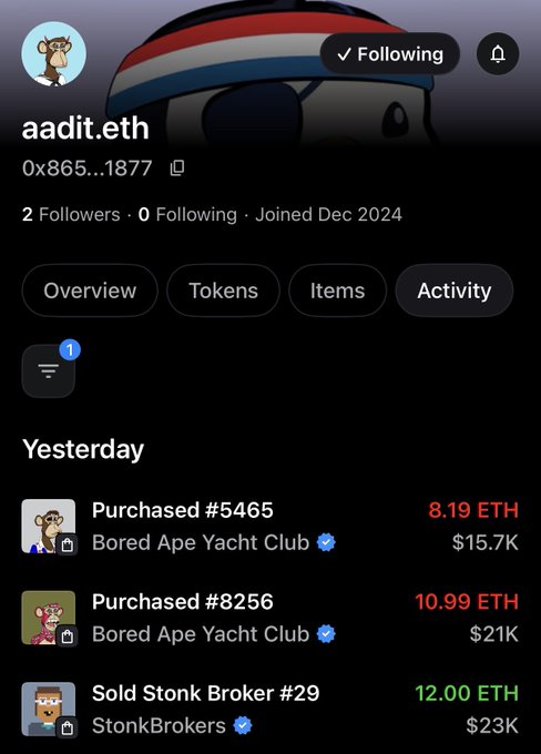 A mobile screenshot of an OpenSea profile for 'aadit.eth' (0x865...1877) showing recent NFT activity, including purchases of Bored Ape Yacht Club #5465 and #8256, and a sale of Stonk Broker #29.