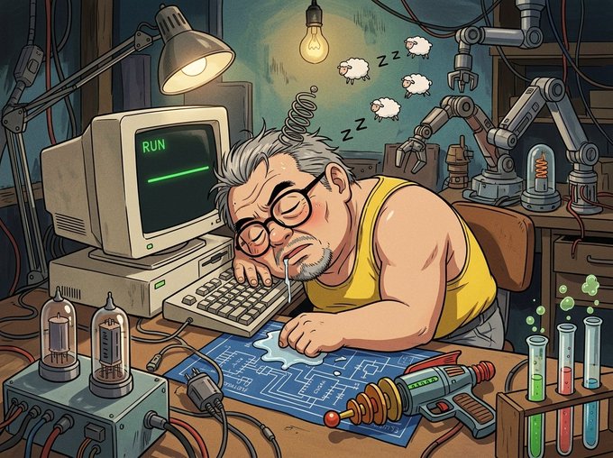 An illustration of a tired man with gray hair and glasses sleeping face-down on a vintage computer keyboard in a cluttered workshop, with 'RUN' displayed on the monitor and 'Zzz' floating above his head.