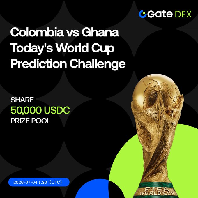 A promotional graphic for the Gate DEX World Cup Prediction Challenge featuring the Colombia vs Ghana match on July 4, 2026, at 1:30 UTC, showcasing a golden FIFA World Cup trophy against a dark background and highlighting a 50,000 USDC prize pool. The image visually reinforces the post's call to action by displaying the tournament's iconic trophy and the specific match details, enticing users to participate in the prediction challenge.