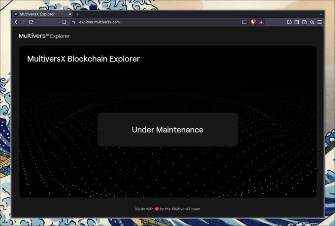 The MultiversX Explorer webpage displays an 'Under Maintenance' message on a dark background with a dot pattern.