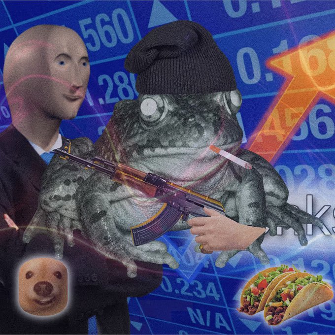 A surreal collage featuring a bald suited figure, a toad wearing a beanie, an AK-47, a dog face, tacos, and a cigarette overlaid on a stock chart background.