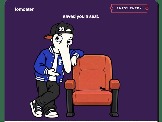 A cartoon character with a long nose wearing a baseball cap and blue varsity jacket leans next to an empty orange chair with the text 'fomoater saved you a seat.'